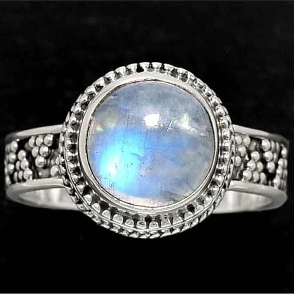 Bali Design Rainbow Moonstone - India 925 Sterling Silver Ring s.8 - Picture 2 of 3